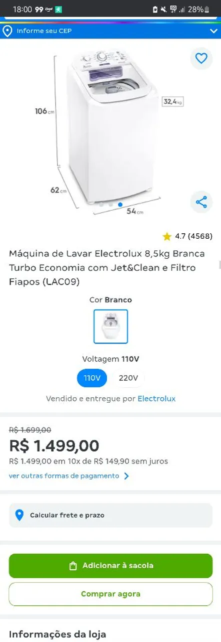 Máquina de Lavar Electrolux 8,5kg Branca Turbo Economia