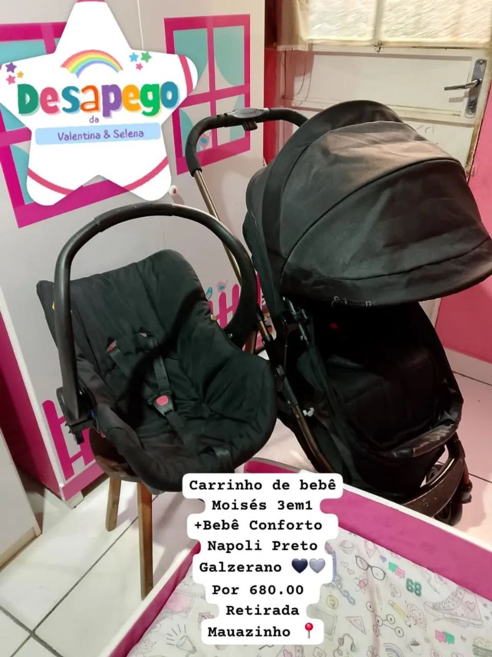 Kit Carrinho de bebê Moisés 3em1+ Bebê conforto Preto Napoli Galzerano Bem Conservado ?