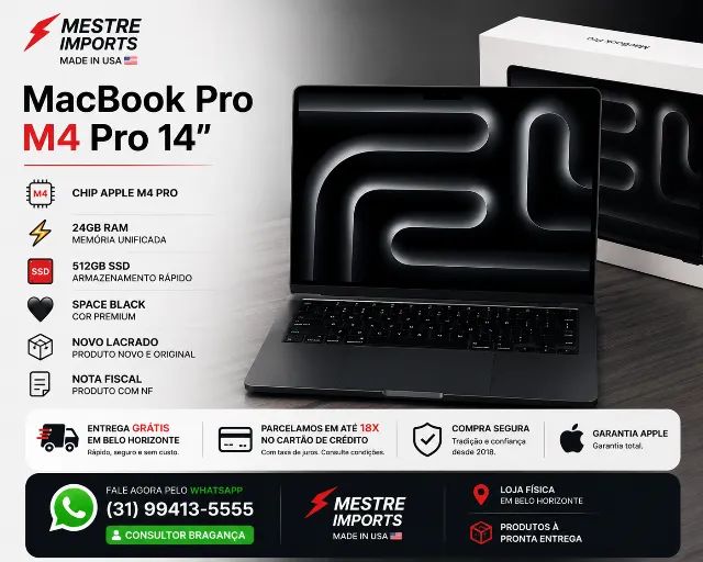 MacBook Pro M4 Pro 14 polegadas 24GB RAM 512GB SSD Space Black - Novo - Nota Fiscal