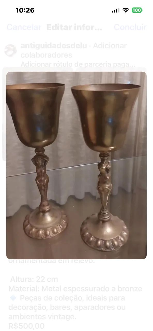 Par de taças  com linda ornamentação na pega bronze