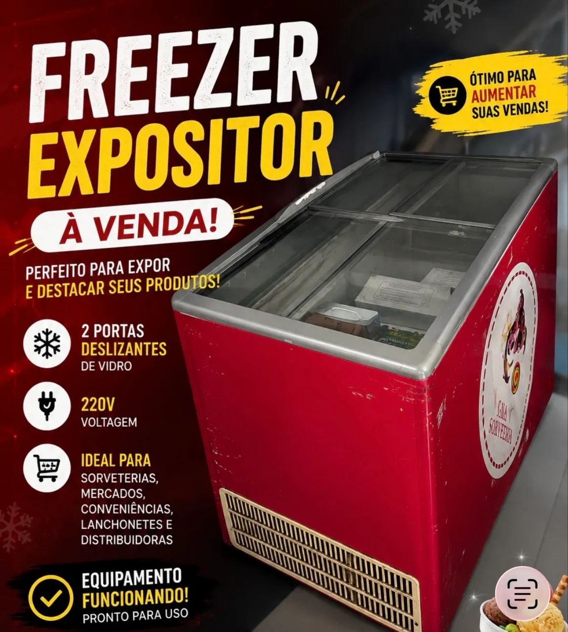 Freezer Expositor Vertical Sorvete/Congelados 220V - Funcionando Perfeitamente