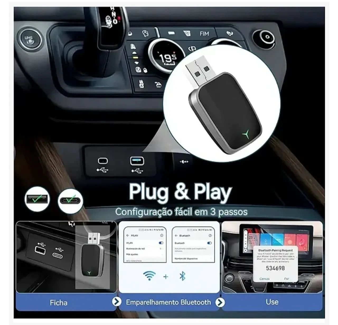 CarPlay e Android Auto Sem Fio para iPhone e Android - Dongle USB-A/C Plug & Play - Foto 4