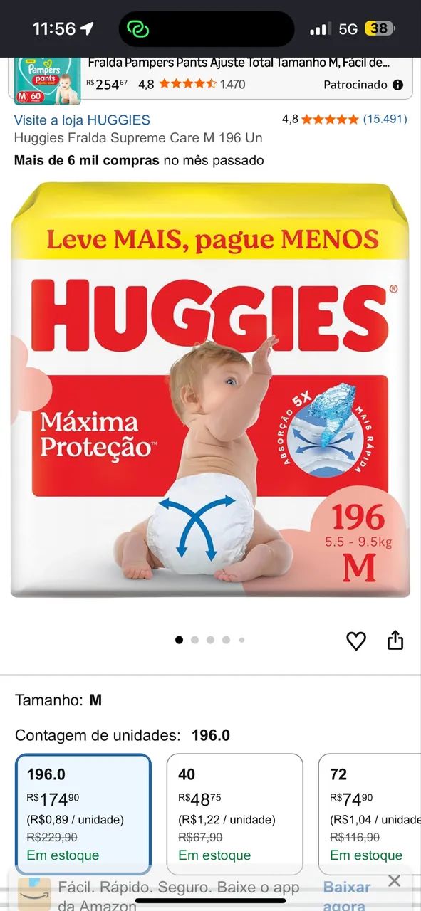 Fralda Huggies TAM M com 196und 