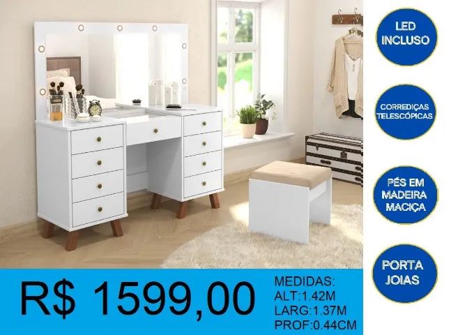 Penteadeira com porta jóias e led incluso - parcelamos até 12X sem juros!