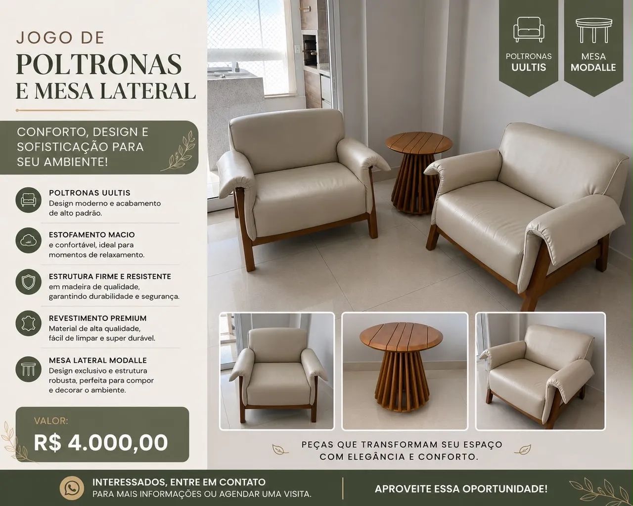 Jogo de poltronas e mesa lateral 