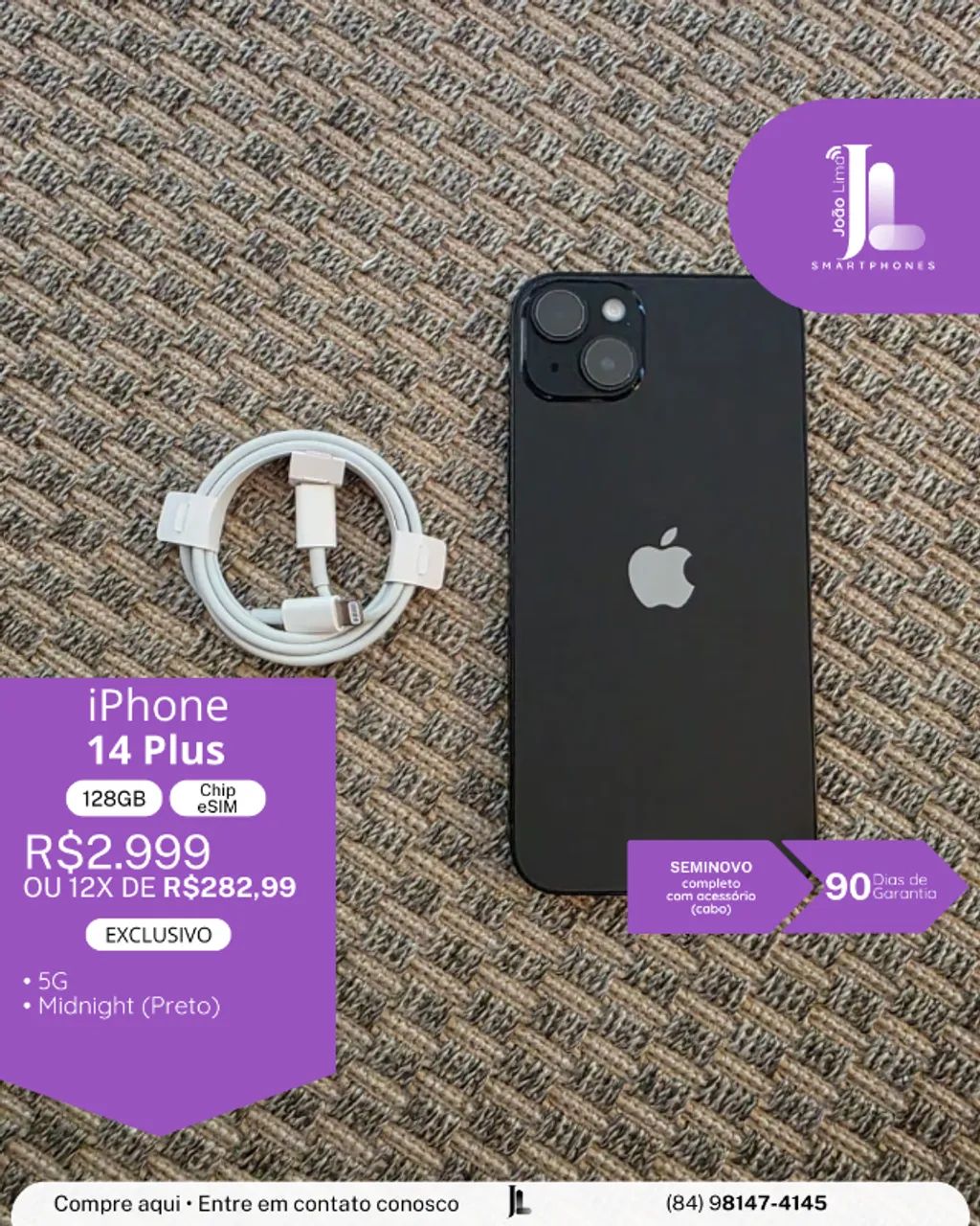 IPHONE 14 PLUS, 128GB, CHIP FÍSICO, PRETO, SEMINOVO SEM CAIXA