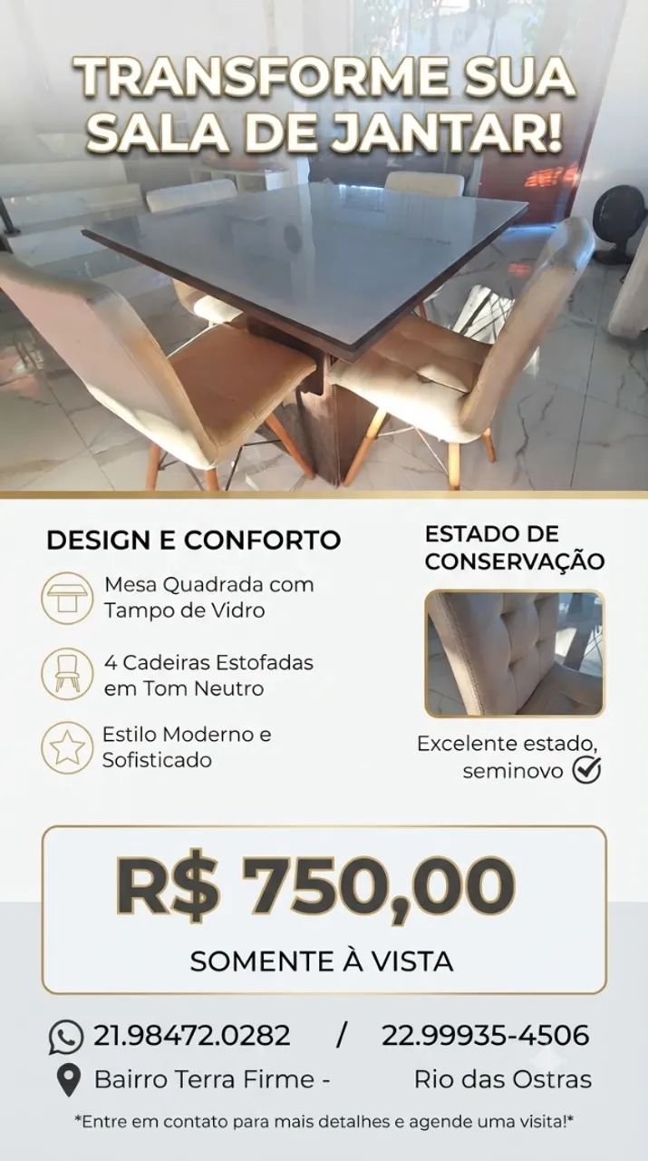 Mesa de jantar quadrada com 4 cadeiras