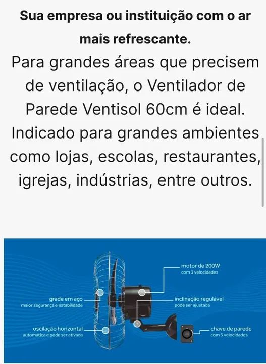 Ventilador de parede comercial 60 cm - 200 watts - 1 ano garantia - marca ventisol - Foto 3