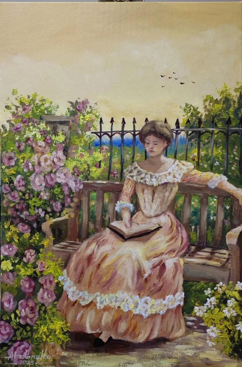 Quadro decorativo pintado à mão - Leitura no jardim