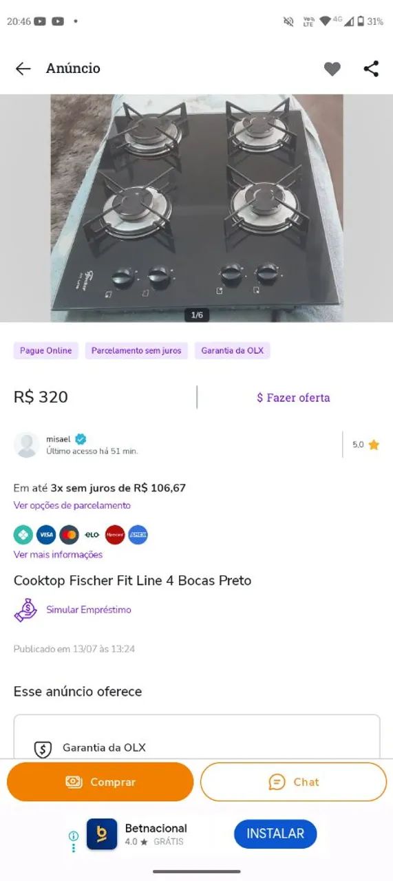 Cooktop Fischer Fit Line 4 Bocas Preto