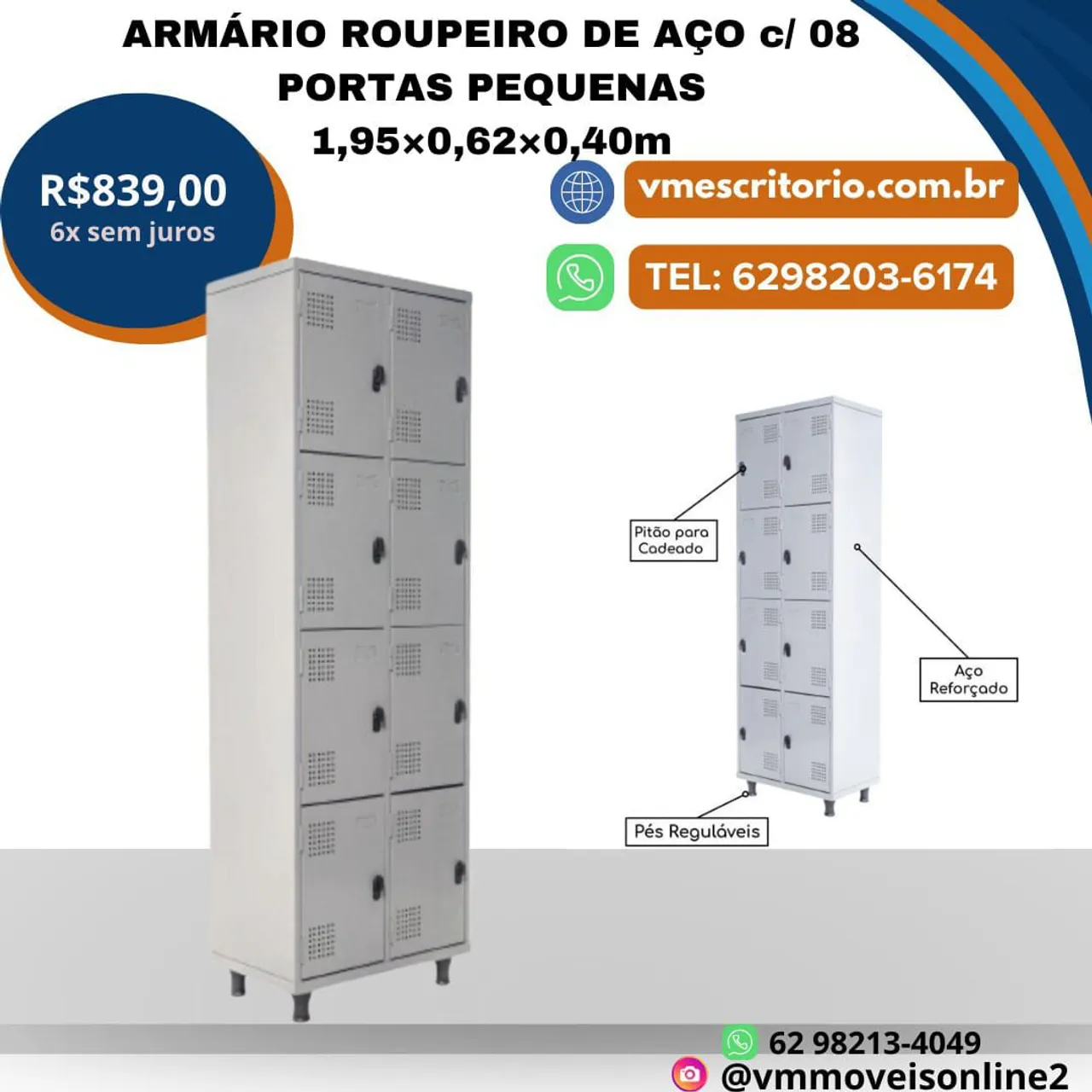 Armário Roupeiro de Aço p/ 08 Portas Pequenas