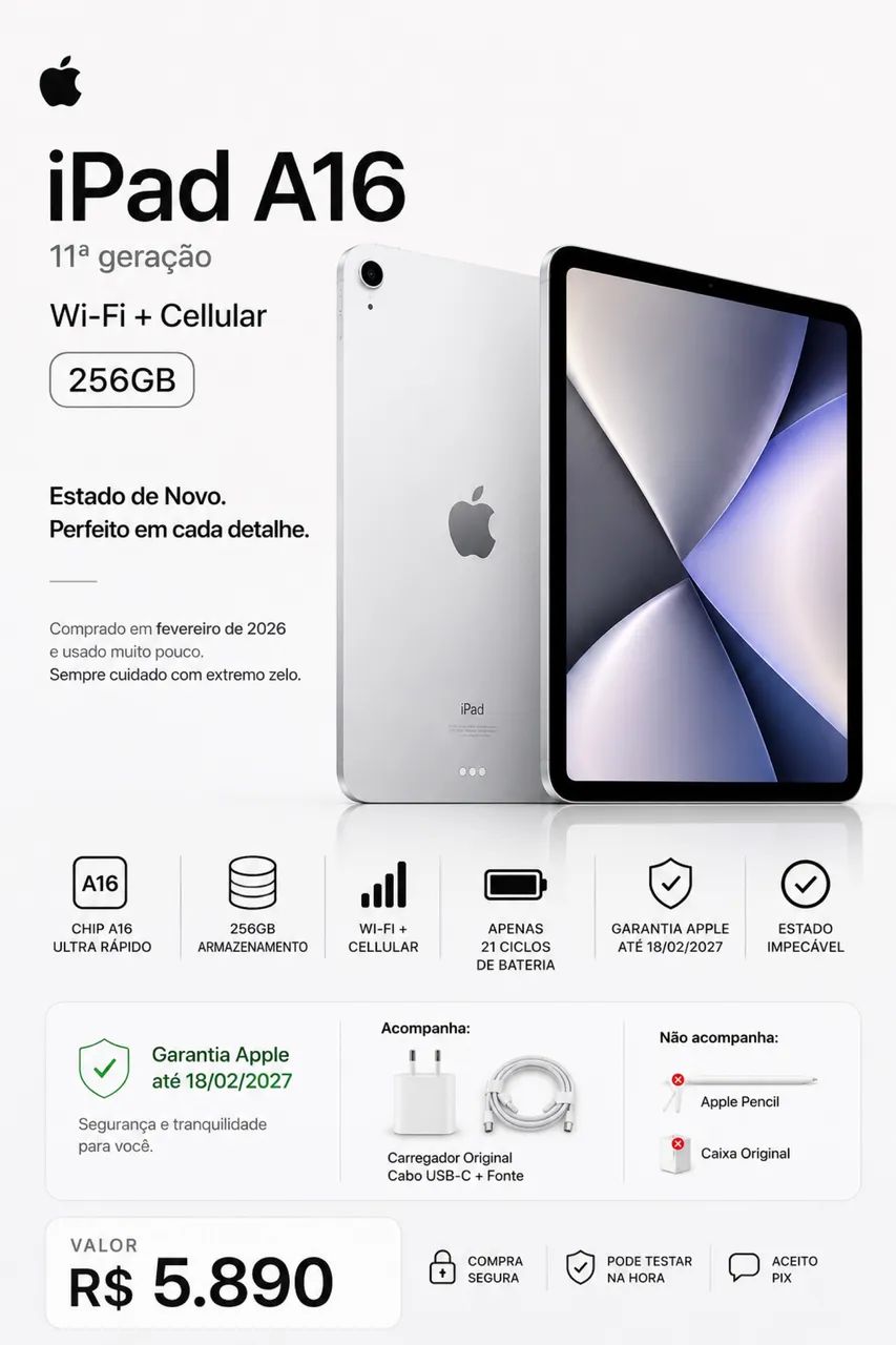 iPad A16 256GB Cellular Prata | 21 Ciclos | Garantia Apple