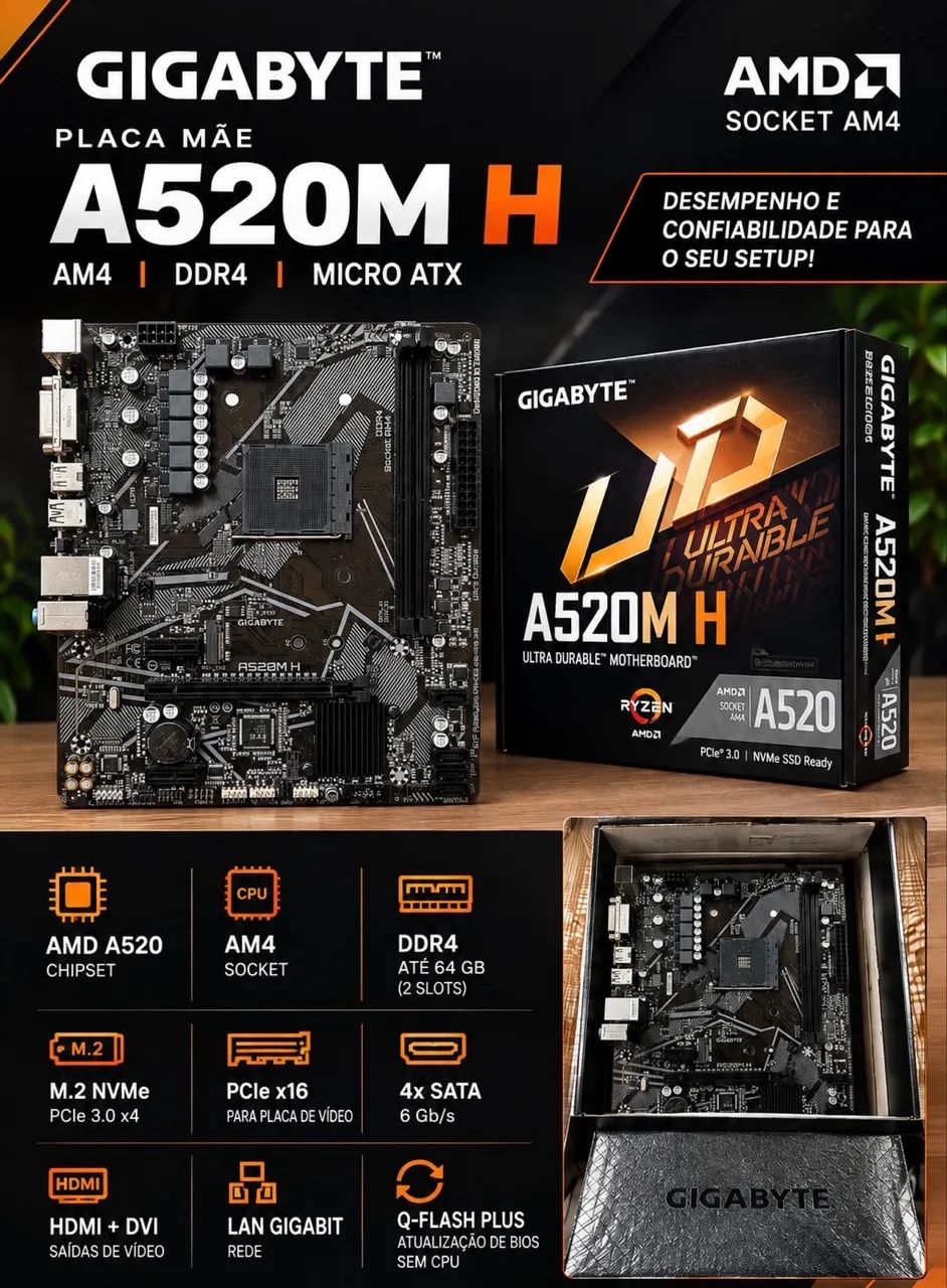 Placa Mãe Gigabyte A520M H AM4 DDR4