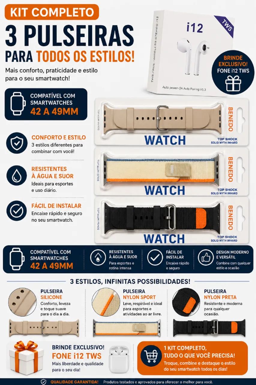 KIT PULSEIRAS SMARTWATCH E FONE I12