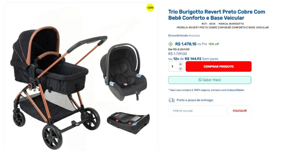 Carrinho de bebê, que vira ninho, e com base e bebê conforto