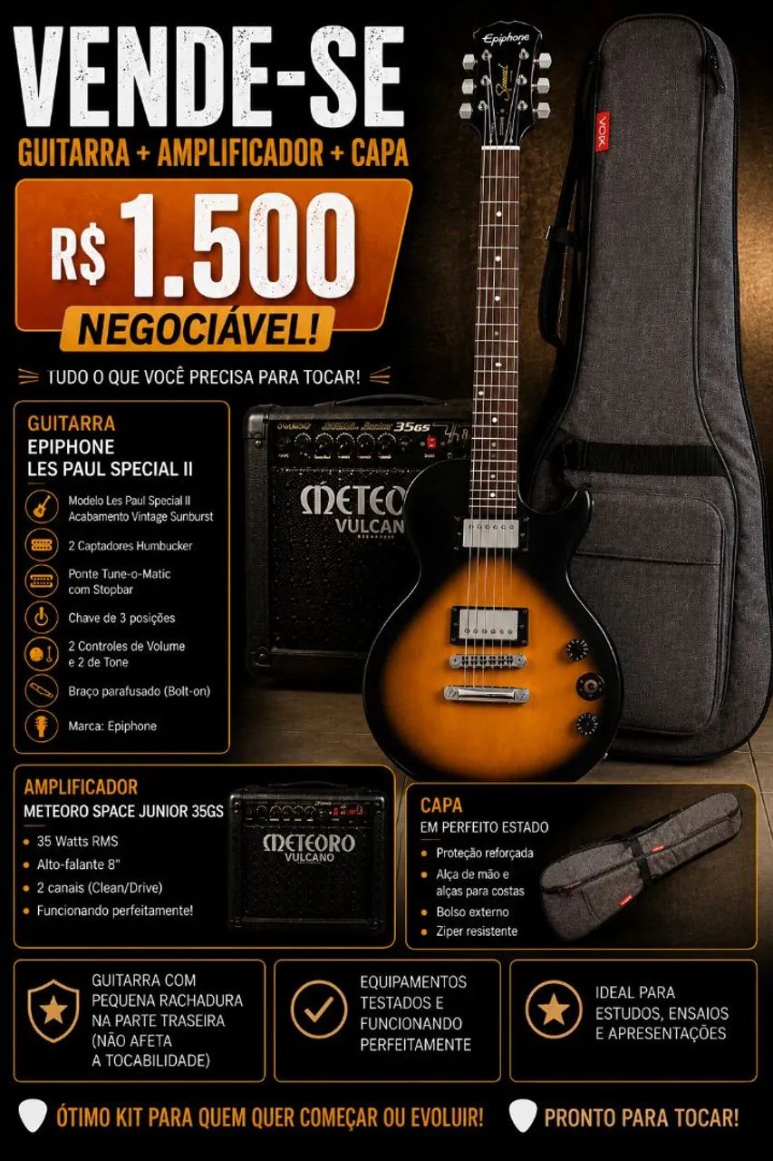 Kit Guitarra Epiphone, amplificador e capa