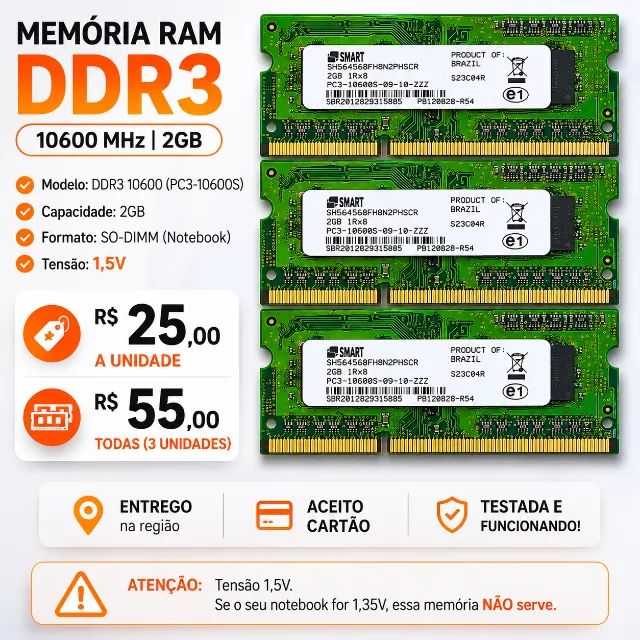 MEMÓRIA RAM DDR3 2GB PARA NOTEBOOK