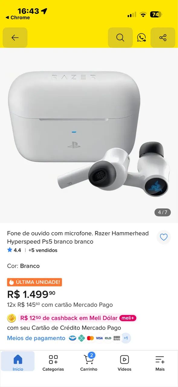 Fone de ouvido com microfone. Razer Hammerhead Hyperspeed Ps5 branco branco - Foto 3