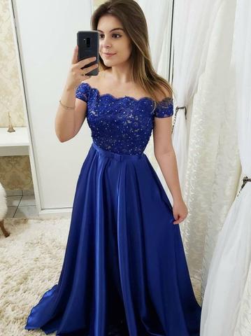 vestido de formatura azul royal longo com renda