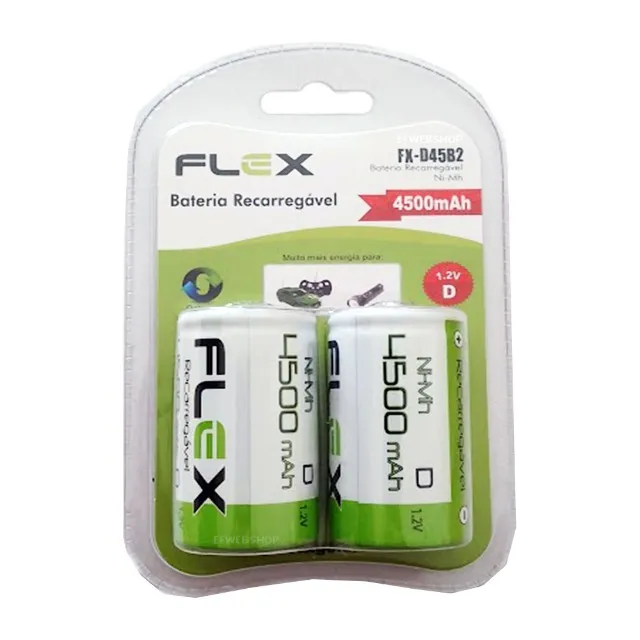Pilha Recarregável Flex Tipo D Grande 4500 mAh Lr20 com 2 Unidades no Blister FX-D45B2 NF
