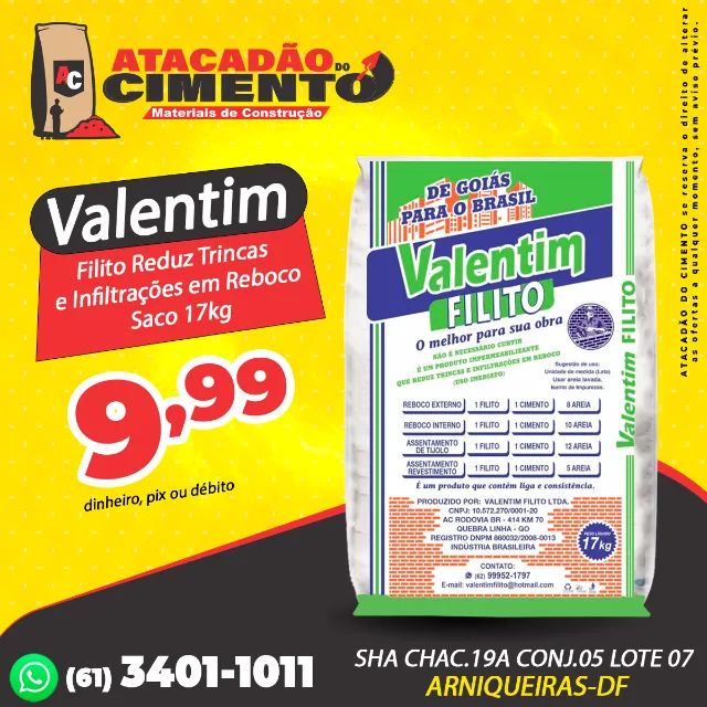 Valentim Filito Reduz Trincas e Infiltrações em Reboco Saco 17kg 