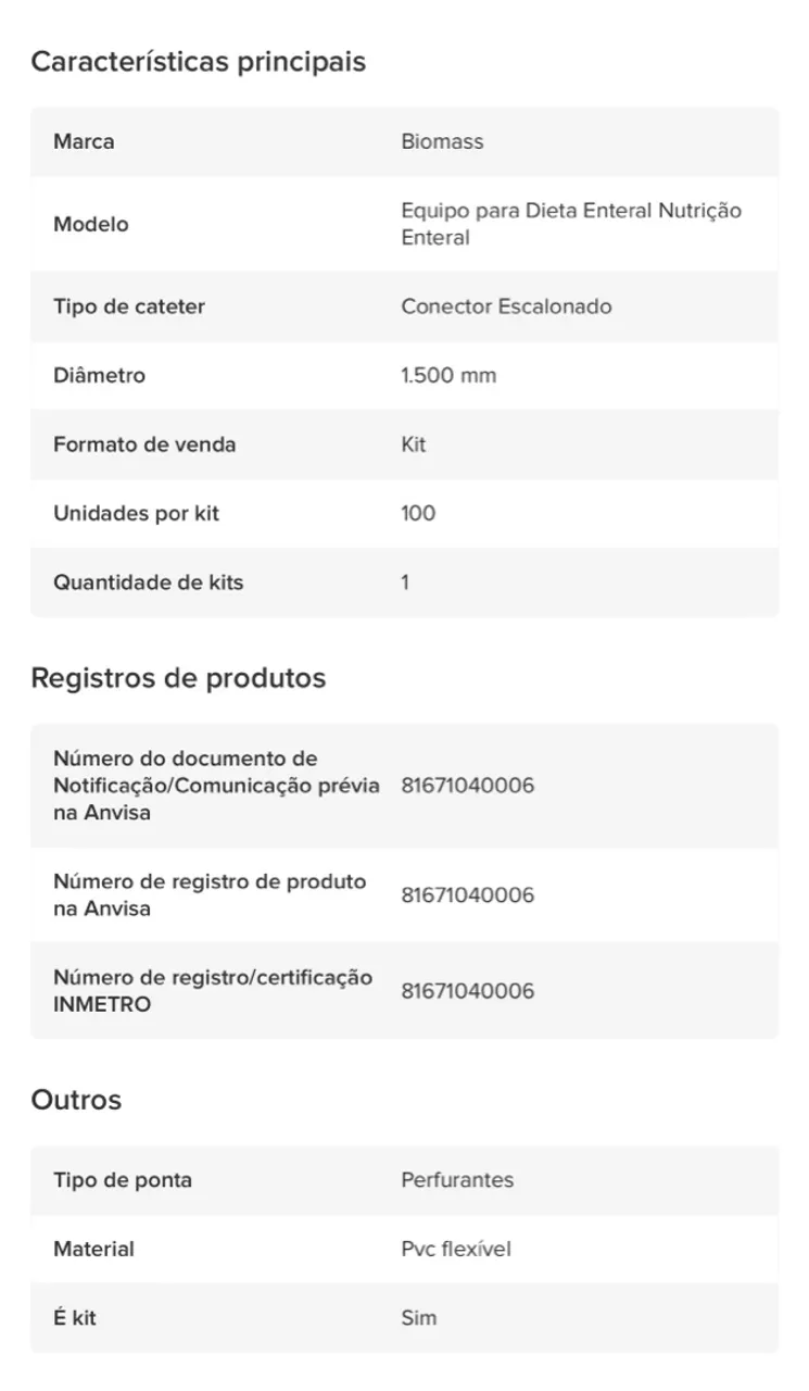 Equipos para Nutrição Enteral - Novos e Lacrados