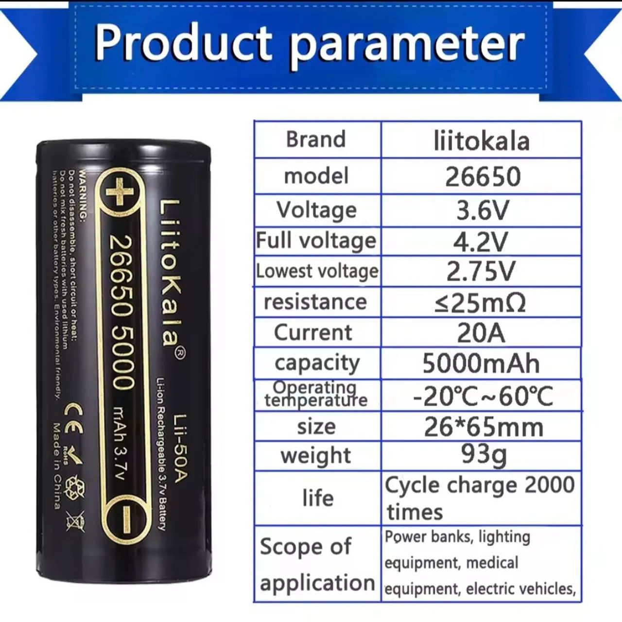 Bateria LiitoKala 26650 5000mAh - Foto 4