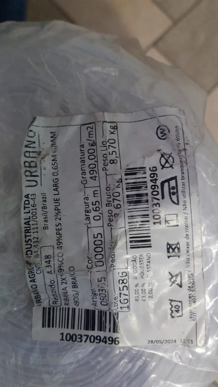 Tecido Ribanna  Branco 490g/m2 - Rolo 8,57 kg