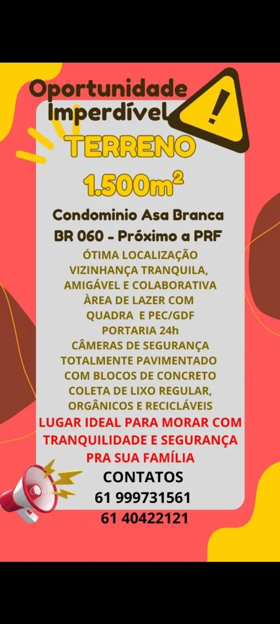 Terreno 1.500m² em Condomínio Asa Branca - Próximo a PRF