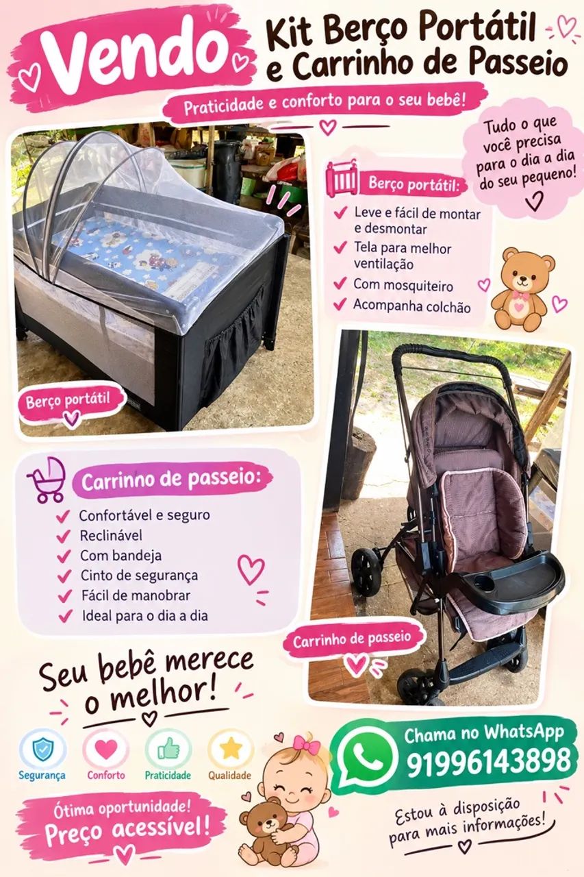 Berço de bebê e carrinho de passeio