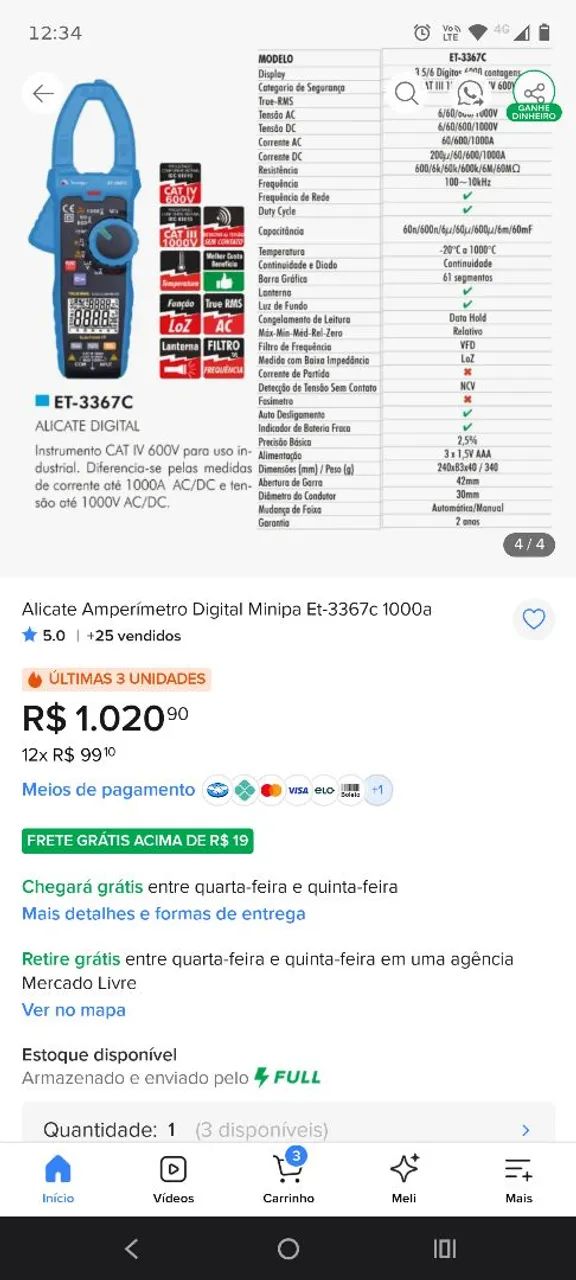 Alicate amperímetro Minipa