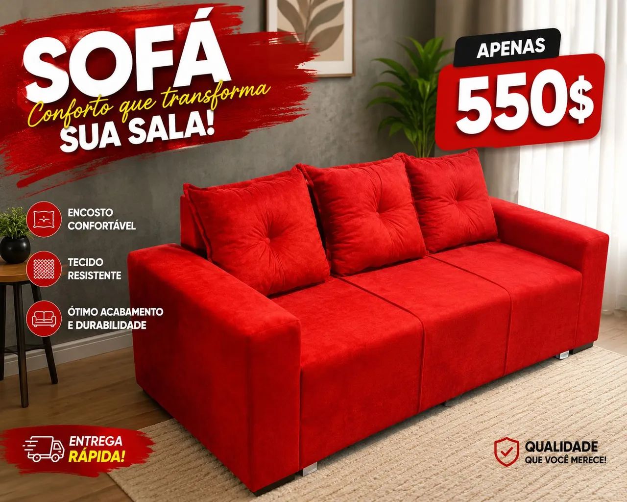Sofá 3 lugares com puff novos