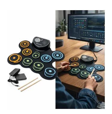 Bateria Eletrônica Com Midi Tomate 9 Pads Usb Pc Preto - Foto 3