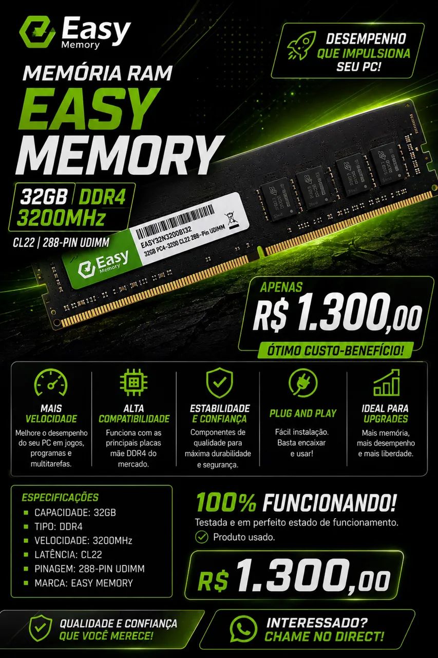 MEMÓRIA RAM DDR4 32GB 3200mhz eazymemory
