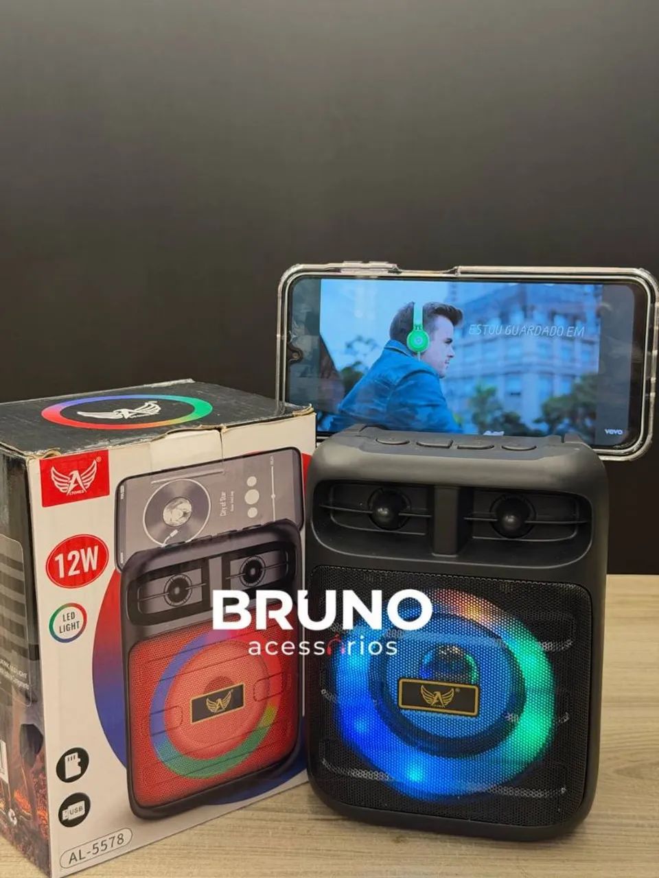 Caixa de Som Bluetooth com suporte para celular