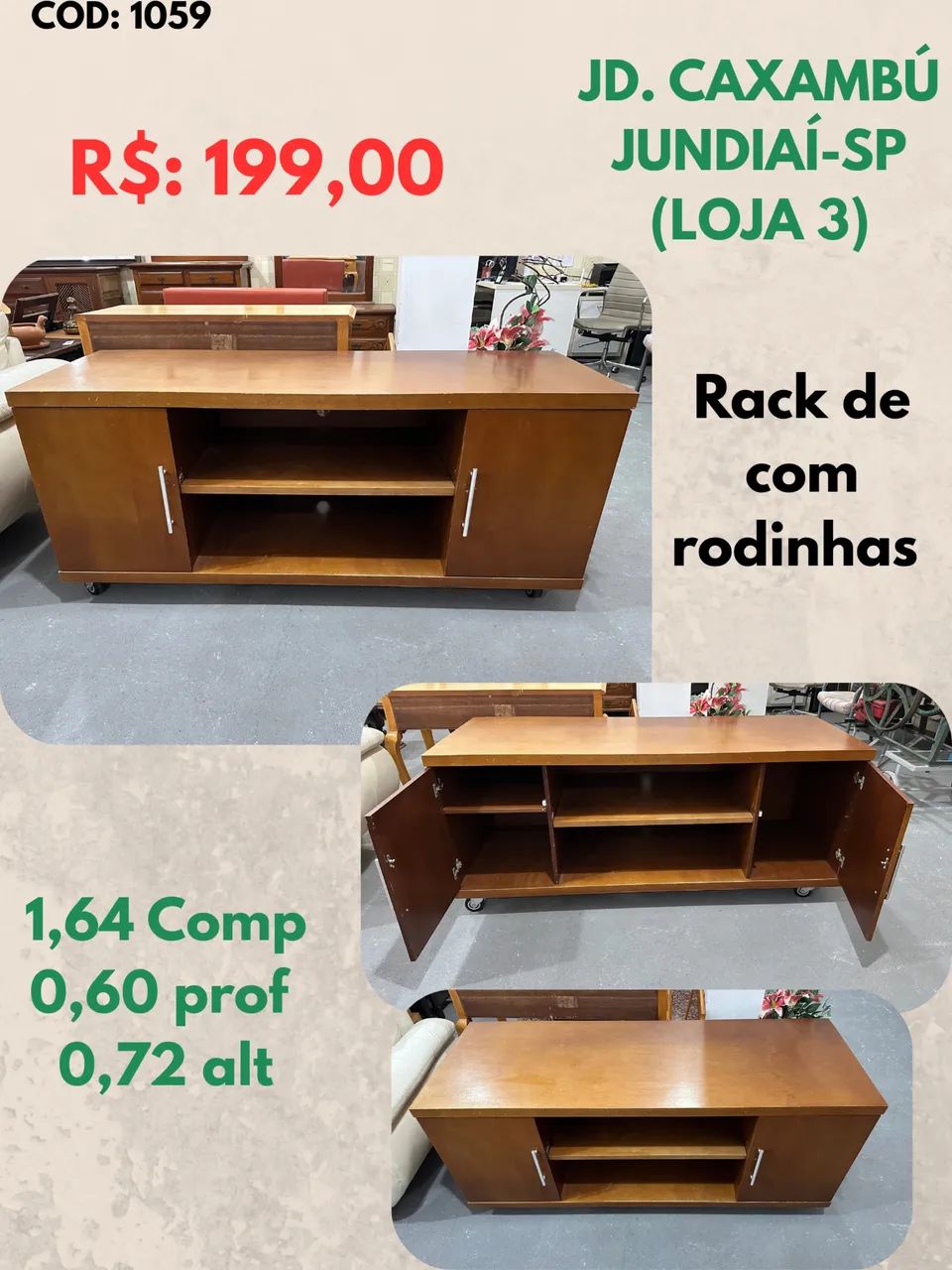 Rack de madeira com rodinha 