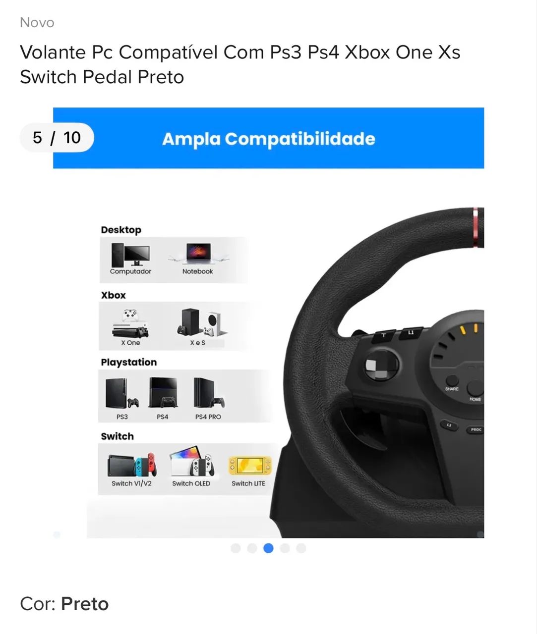 Volante compatível PS3,PS4,Xbox switch com pedal preto - Foto 3