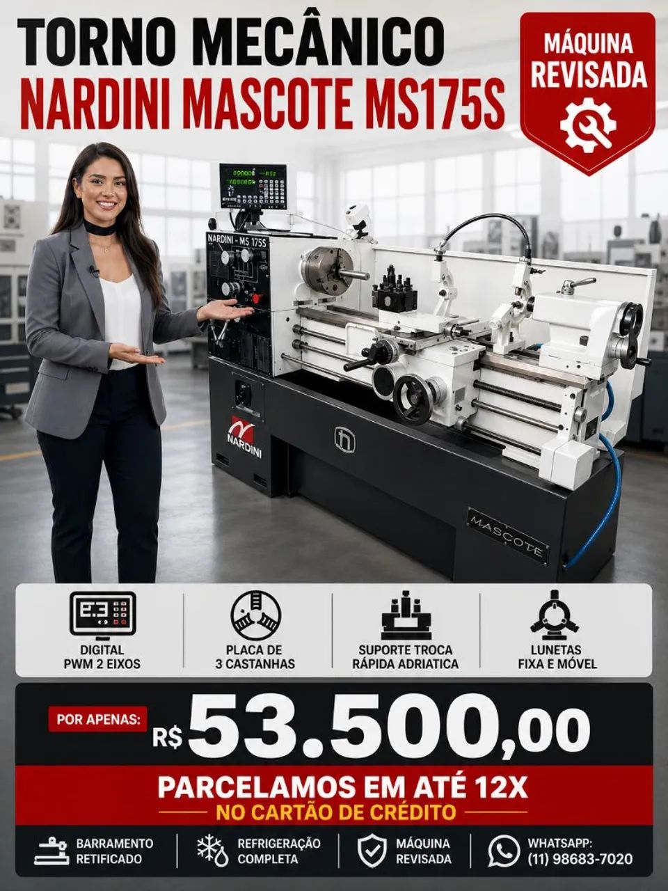 Torno mecânico nardini mascote  175-S com digital novo 1000 mm reformado e completo de tud - Foto 6