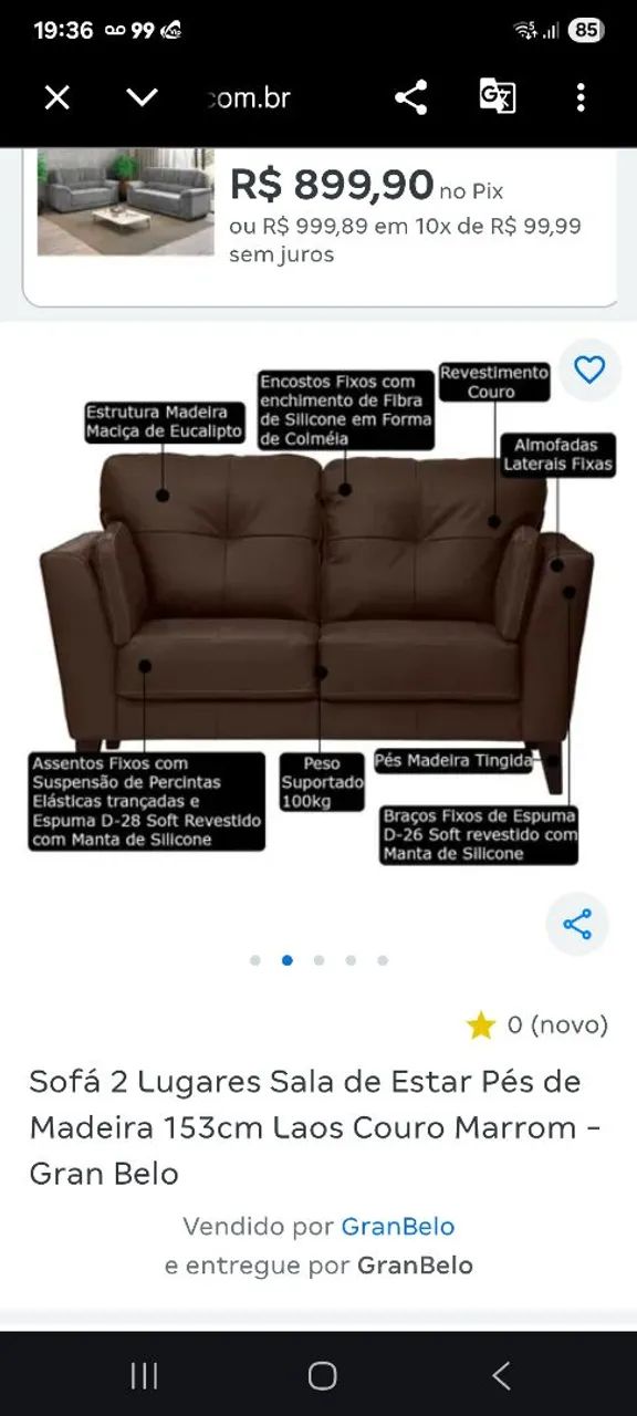 Sofá couro legítimo 2 lugares 
