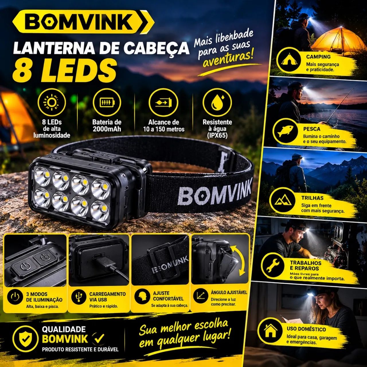 Lanterna de Cabeça BOMVINK - 8 LEDs