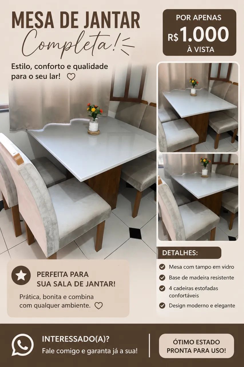 Mesa de jantar 4 cadeiras e tampo de vidro 
