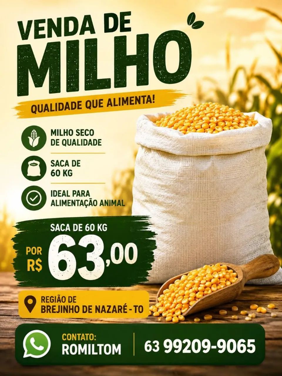 Milho a Granel disponível na região de Brejinho de Nazaré TO