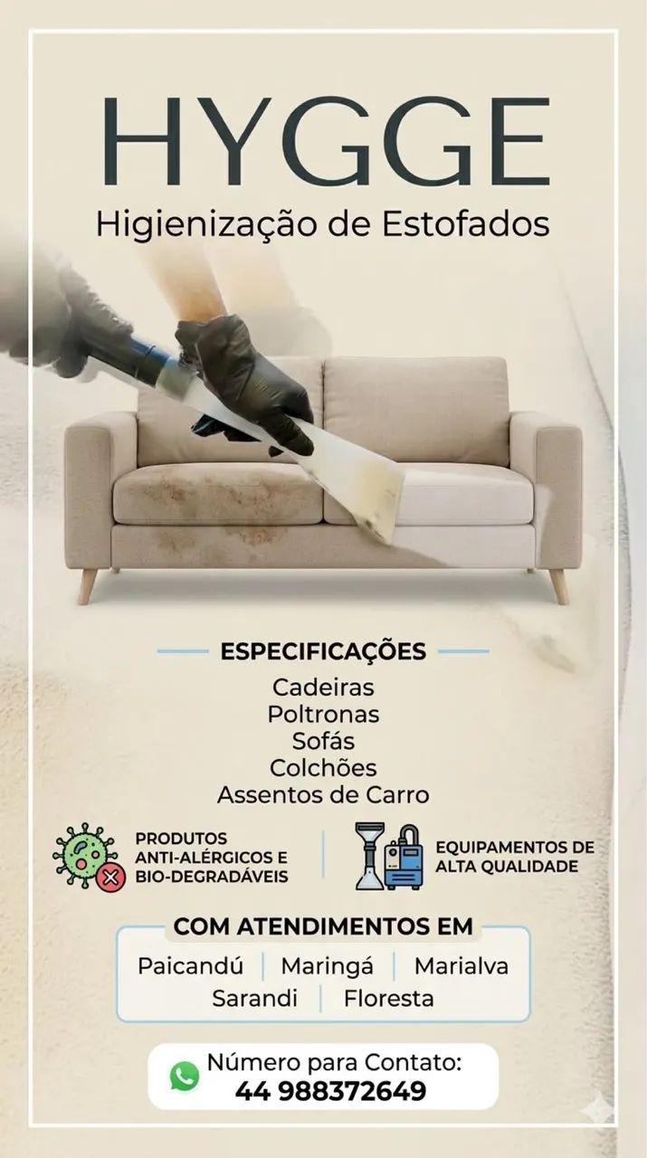 Limpeza e higienização de estofados em geral 