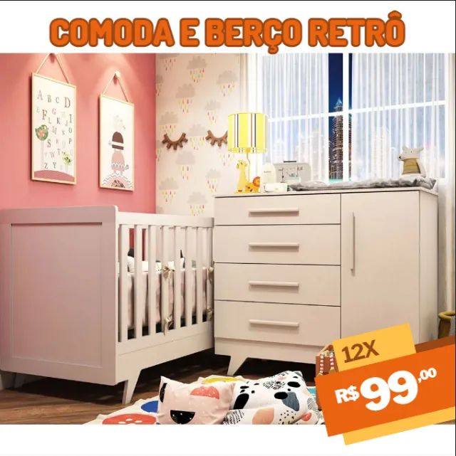Quarto Infantil Retrô: Cômoda e Berço 100% MDF com Design Vintage e Funcional!