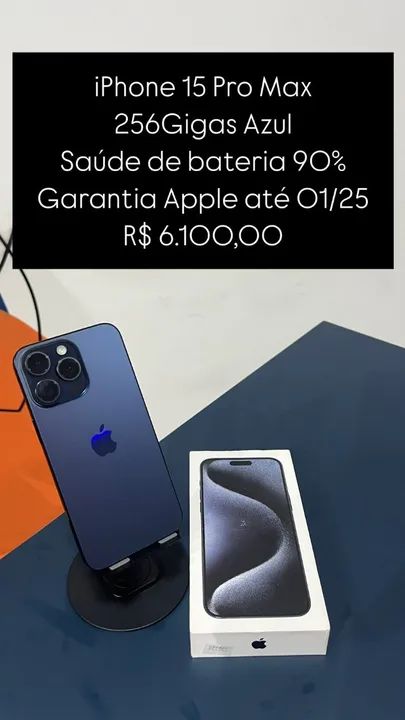 iPhone 15 Pro Max / 256GB / Azul / Saúde de bateria 90% /Garantia