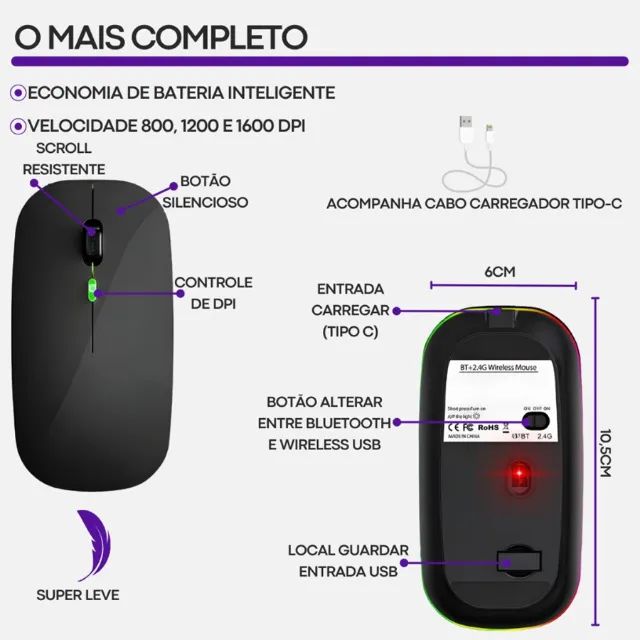 Mouse Sem Fio Recarregável Wireless Bluetooth Com Led - Foto 5