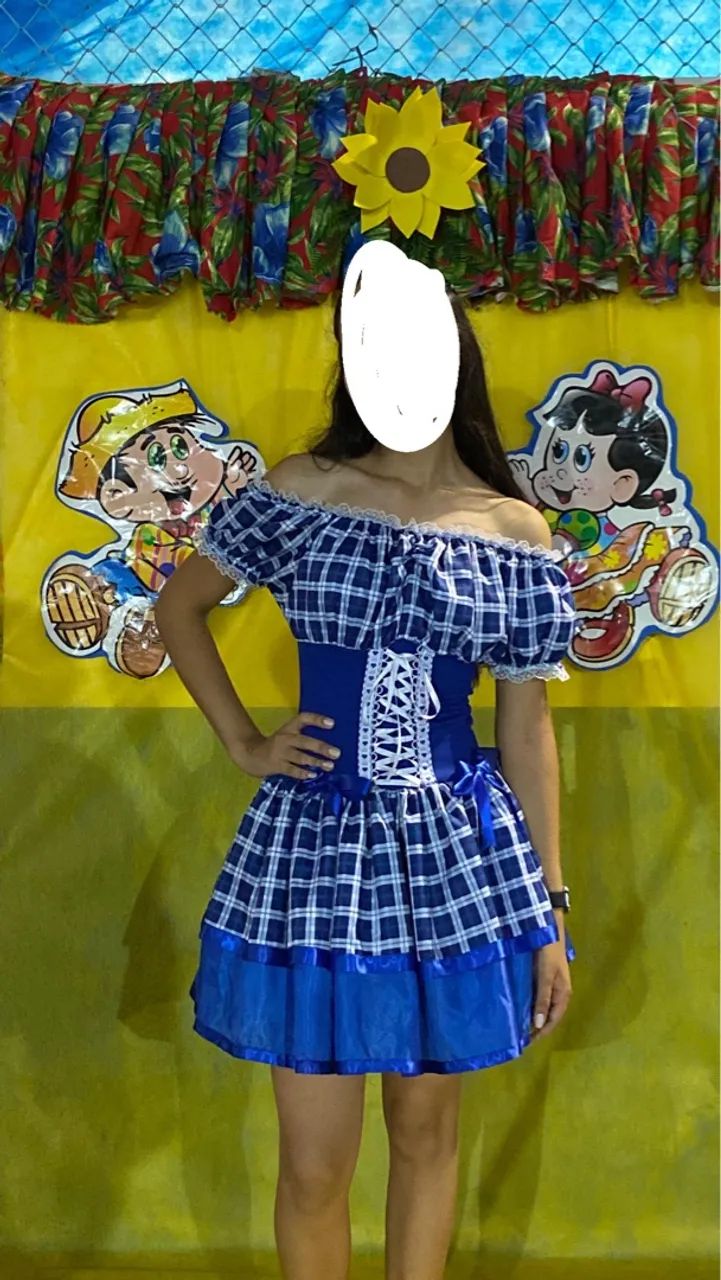 Vestido Festa Junina Adulto - Azul e Branco