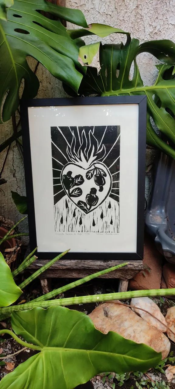 Xilogravura Sagrado Coração de Cajú *sem moldura*