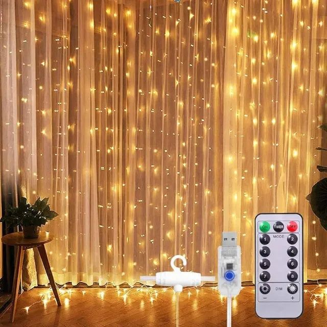 Luz de LED, 3 metros, 300 LEDs, luz de cortina USB, fio de cobre, cordão de luz de fada pa
