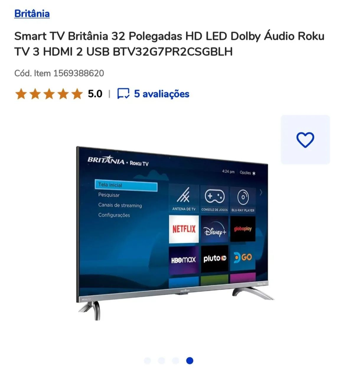 Smart TV Britânia 32 Polegadas HD LED Dolby Áudio Roku TV 3 HDMI 2 USB